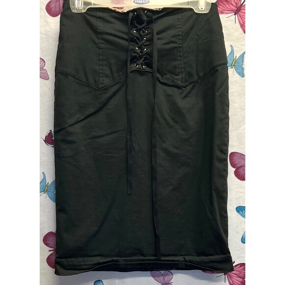 Forever 21 Black Pencil Mini Skirt Front Lace-Up Detail Medium 24” Length - Picture 1 of 3